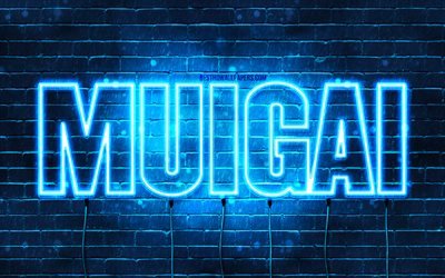 Muigai, 4k, pap&#233;is de parede com nomes, nome Muigai, luzes de n&#233;on azuis, Feliz Anivers&#225;rio Muigai, nomes masculinos &#225;rabes populares, foto com o nome Muigai