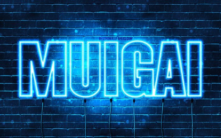Muigai, 4k, bakgrundsbilder med namn, Muigai namn, bl&#229; neonljus, Grattis p&#229; f&#246;delsedagen Muigai, popul&#228;ra arabiska manliga namn, bild med Muigai namn