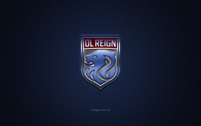 OL Reign, American soccer club, NWSL, red logo, blue carbon fiber background, National Womens Soccer League, football, Washington, USA, OL Reign logo