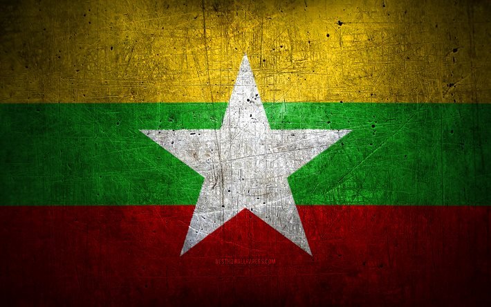 Myanmarin metallilippu, grunge-taide, Aasian maat, Myanmarin p&#228;iv&#228;, kansalliset symbolit, Myanmarin lippu, metalliliput, Aasia, Myanmar
