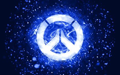 Overwatch dark blue logo, 4k, dark blue neon lights, creative, dark blue abstract background, Overwatch logo, online games, Overwatch