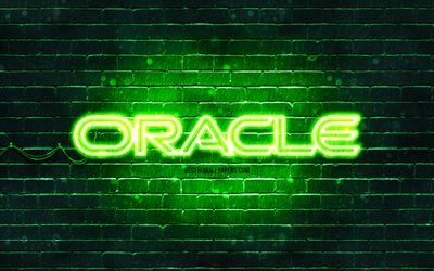 Logo vert Oracle, 4k, mur de briques vert, logo Oracle, marques, logo néon Oracle, Oracle