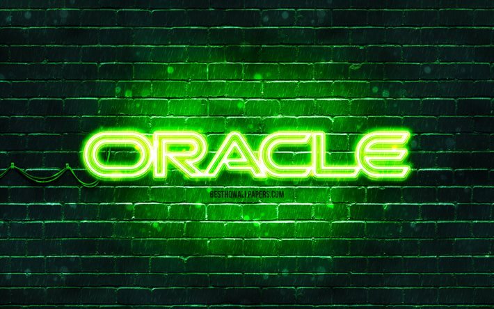 Oracle green logo, 4k, green brickwall, Oracle logo, brands, Oracle neon logo, Oracle