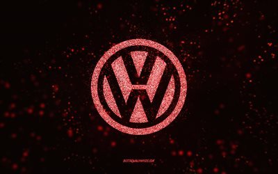 Volkswagen parıltılı logo, 4k, siyah arka plan, Volkswagen logosu, pembe parıltılı sanat, Volkswagen, yaratıcı sanat, Volkswagen pembe parıltılı logo