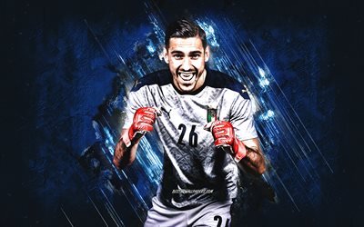 Alex Meret, Italy national football team, Italian football player, goalkeeper, grunge art, football, blue stone background, Italy