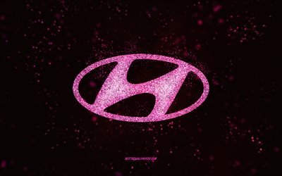 شعار هيونداي بريق, 4 ك, خلفية سوداء 2x, شعار هيونداي, الفن بريق الوردي, هيونداي, فني إبداعي, شعار هيونداي الوردي اللامع