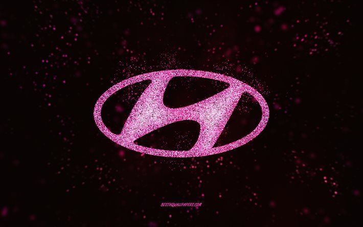 Logo de paillettes Hyundai, 4k, fond noir, logo Hyundai, art de paillettes rose, Hyundai, art cr&#233;atif, logo de paillettes rose Hyundai