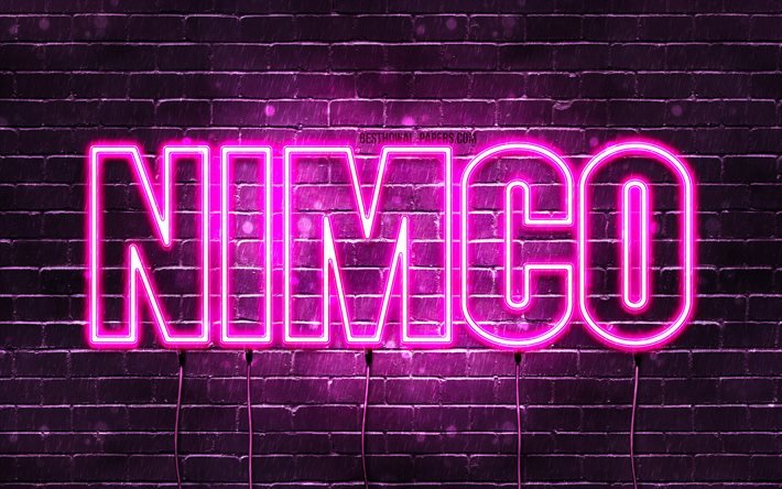 Nimco, 4k, pap&#233;is de parede com nomes, nomes femininos, nome Nimco, luzes de n&#233;on roxas, Feliz Anivers&#225;rio Nimco, nomes femininos &#225;rabes populares, imagem com o nome Nimco