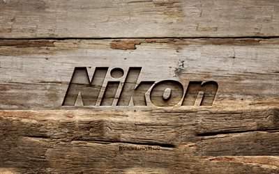 Logo en bois Nikon, 4K, arrière-plans en bois, marques, logo Nikon, créatif, sculpture sur bois, Nikon