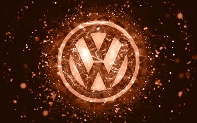 Volkswagenin ruskea logo, 4k, ruskeat neonvalot, luova, ruskea abstrakti tausta, Volkswagen-logo, automerkit, Volkswagen