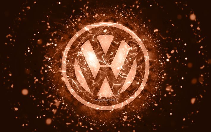Volkswagen logo marrone, 4k, luci al neon marroni, creativo, sfondo marrone astratto, logo Volkswagen, marche di automobili, Volkswagen