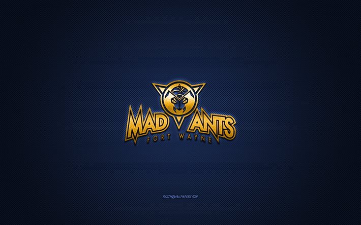 Fort Wayne Mad Ants, clube de basquete americano, logotipo amarelo, fundo azul de fibra de carbono, NBA G League, basquete, Indiana, EUA, logotipo do Fort Wayne Mad Ants