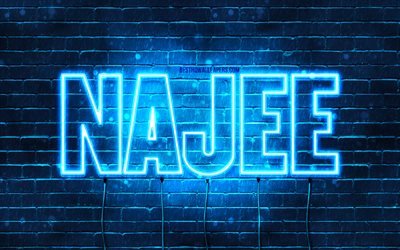 Najee, 4k, fonds d&#39;&#233;cran avec des noms, nom Najee, n&#233;ons bleus, joyeux anniversaire Najee, noms masculins arabes populaires, photo avec nom Najee