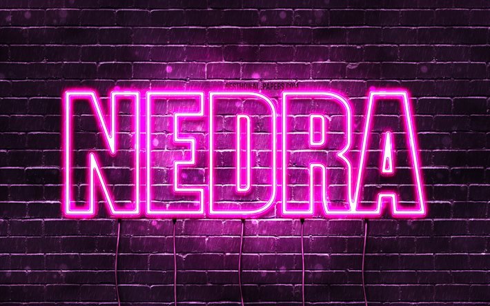 Nedra, 4k, pap&#233;is de parede com nomes, nomes femininos, nome Nedra, luzes de n&#233;on roxas, Feliz Anivers&#225;rio Nedra, nomes femininos &#225;rabes populares, imagem com o nome Nedra