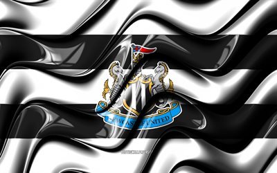 Newcastle United bayrağı, 4k, beyaz ve siyah 3D dalgalar, Premier Lig, İngiliz Futbol Kul&#252;b&#252;, futbol, Newcastle United logosu, Newcastle United FC