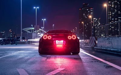 Nissan GT-R, 4k, back view, tuning, 2021 cars, R35, supercars, nightscapes, Nissan GTR, japanese cars, Nissan