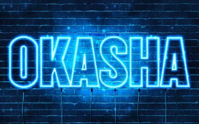 Okasha, 4k, fonds d&#39;&#233;cran avec des noms, nom d&#39;Okasha, n&#233;ons bleus, joyeux anniversaire d&#39;Okasha, noms masculins arabes populaires, photo avec le nom d&#39;Okasha
