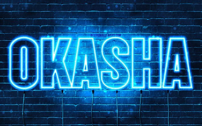 Okasha, 4k, bakgrundsbilder med namn, Okasha namn, bl&#229; neonljus, Grattis p&#229; f&#246;delsedagen Okasha, popul&#228;ra arabiska manliga namn, bild med Okasha namn