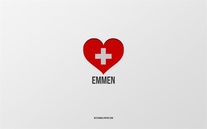 I Love Emmen, Swiss cities, Day of Emmen, gray background, Emmen, Switzerland, Swiss flag heart, favorite cities, Love Emmen