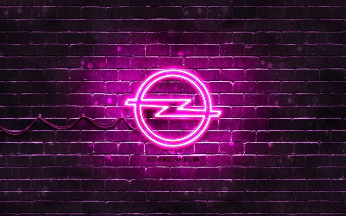 Opelin violetti logo, 4k, violetti tiilisein&#228;, Opel-logo, automerkit, Opel-neon-logo, Opel