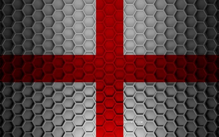 Bandera de Inglaterra, textura de hex&#225;gonos 3d, Inglaterra, textura 3d, Bandera de Inglaterra 3d, textura de metal, bandera de Inglaterra