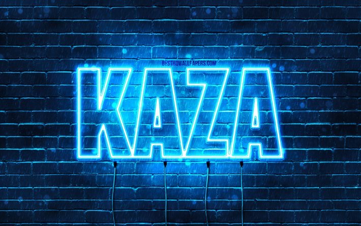 Kaza, 4k, fonds d&#39;&#233;cran avec des noms, nom Kaza, n&#233;ons bleus, joyeux anniversaire Kaza, noms masculins arabes populaires, photo avec nom Kaza