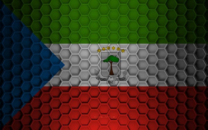 Bandera de Guinea Ecuatorial, textura de hex&#225;gonos 3d, Guinea Ecuatorial, textura 3d, bandera de Guinea Ecuatorial 3d, textura de metal, bandera de Guinea Ecuatorial