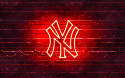 New York Yankees red logo, 4k, red brickwall, New York Yankees logo, american baseball team, New York Yankees neon logo, NY Yankees, New York Yankees
