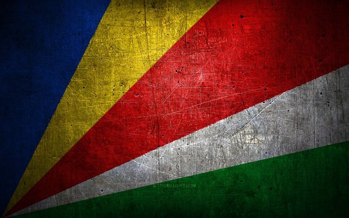 Seychellien metallilippu, grunge-taide, Afrikan maat, kansalliset symbolit, Seychellien lippu, metalliliput, Afrikka, Seychellit