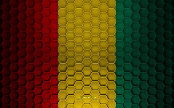 Guinea flag, 3d hexagons texture, Guinea, 3d texture, Guinea 3d flag, metal texture, flag of Guinea