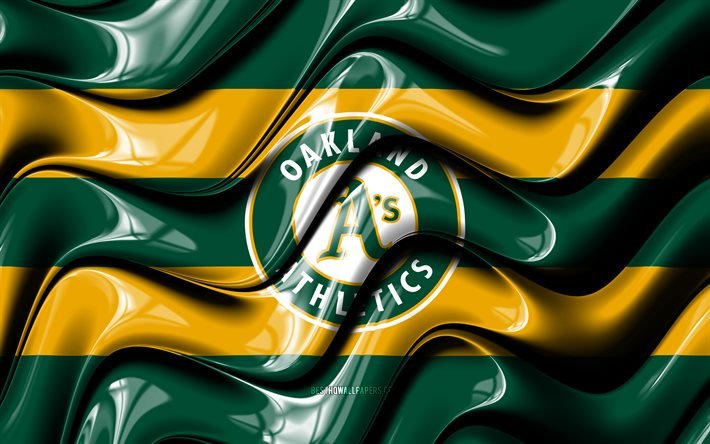 Bandiera di Oakland Athletics, 4k, onde 3D verdi e gialle, MLB, squadra di baseball americana, logo di Oakland Athletics, baseball, Oakland Athletics
