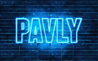 Pavly, 4k, wallpapers with names, Pavly name, blue neon lights, Happy Birthday Pavly, popular arabic male names, picture with Pavly name