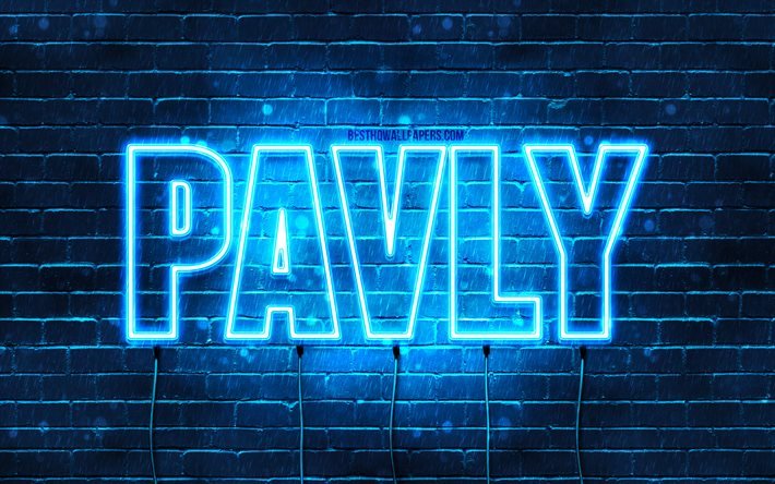 Pavly, 4k, pap&#233;is de parede com nomes, nome de Pavly, luzes de n&#233;on azuis, Happy Birthday Pavly, nomes masculinos &#225;rabes populares, foto com o nome de Pavly