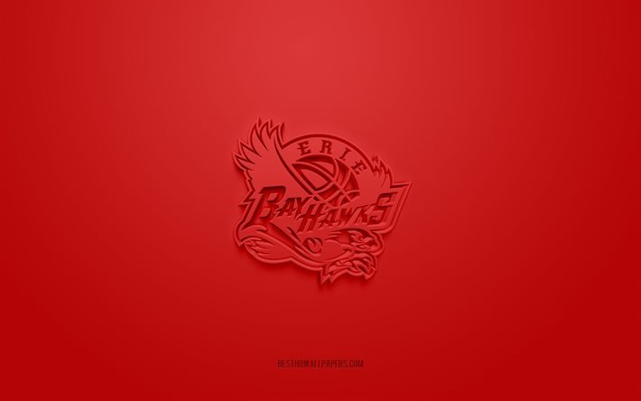 إيري باي هوكس, شعار 3D الإبداعية, خلفية حمراء, الدوري الاميركي للمحترفين جي الدوري, 3d شعار, نادي كرة السلة الأمريكي, نيو اورلينز, الولايات المتحدة الأمريكية, فن ثلاثي الأبعاد, كرة سلة, شعار Erie BayHawks ثلاثي الأبعاد