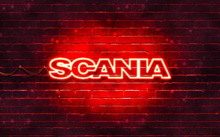 Logo rouge Scania, 4k, mur de briques rouges, logo Scania, marques, logo n&#233;on Scania, Scania