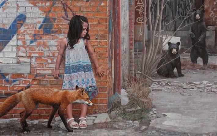 una serie di dipinti, artista americano, kevin peterson, graffiti ragazze
