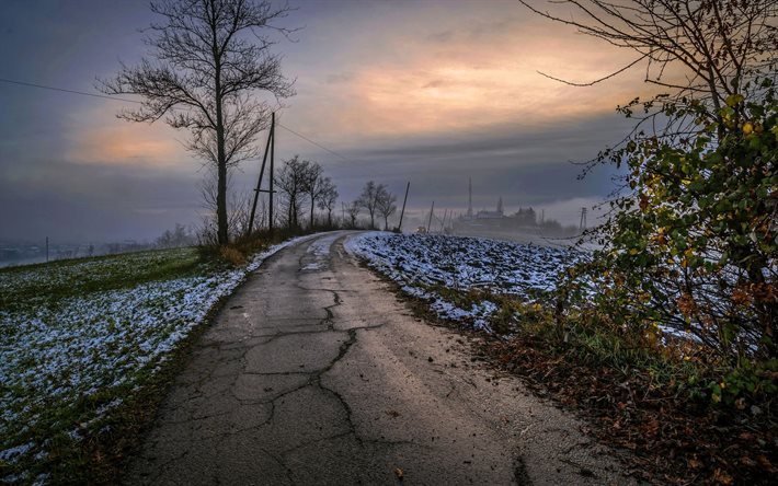 la niebla, carretera, l&#250;gubre ma&#241;ana, asfalto, paisaje rural