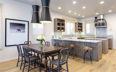 mobili per cucina, tavolo in legno, interno di cucina, sgabelli da bar