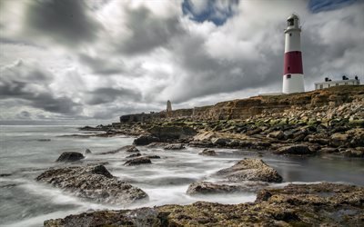 shore, isle of portland, wave, algae, lighthouse, dorset, rocks, uk