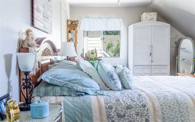 attic, wardrobe, wooden bed, lamps