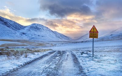 road, sign, mountains, iceland
