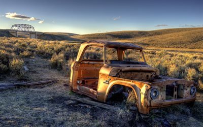 montana, prairie, bridge, old truck