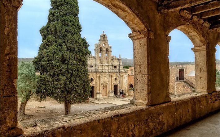 colonnade, monastery of arkadi, arch, crete