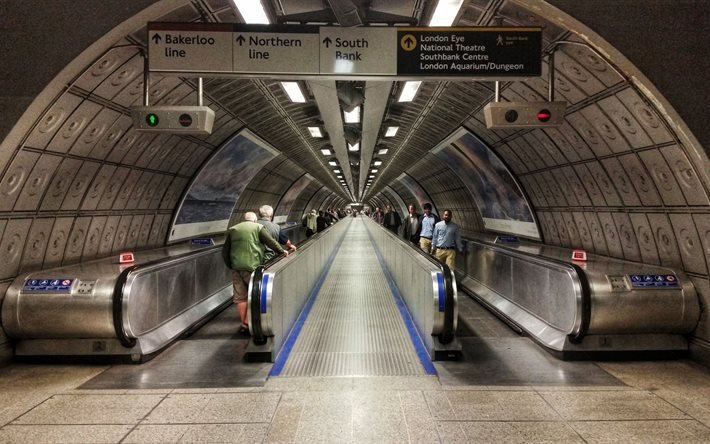 subway, escalator, london underground, station of waterloo