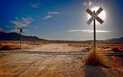 desert, mountains, railway crossing