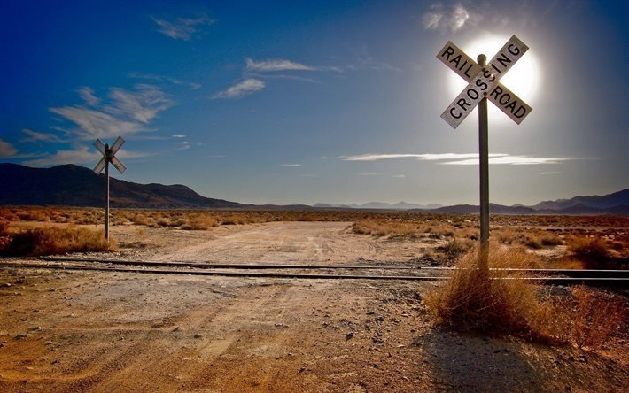 desert, mountains, railway crossing