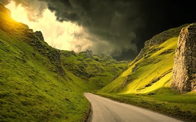 hills, storm clouds, mountain road, mountains, grass