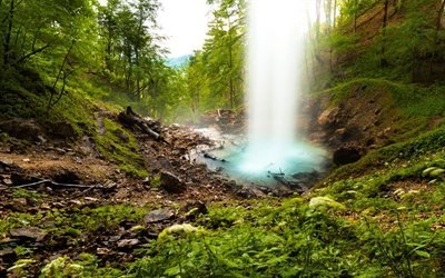 湖, 落下する水, 滝, 森林, 美しい滝