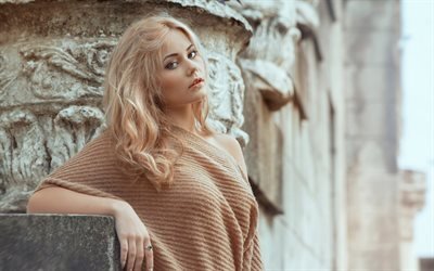 blondi, malli, muotokuva, kaunis tytt&#246;, ruskea pusero