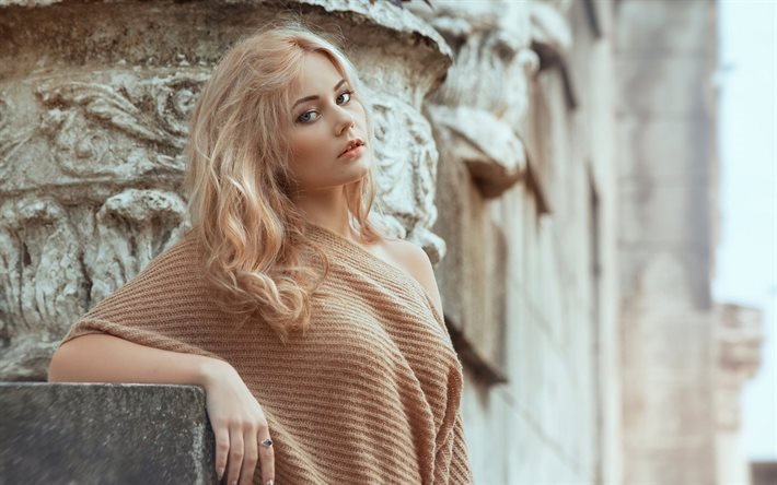 blonde, model, portrait, beautiful girl, brown sweater
